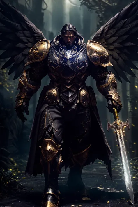 cell shading, digital art, bloom, dark and gloomy full body 8k photography, a man wearing Parrley_armor, (big bulky futuristic armor), (angel wings:1.2) <lora:Parrley1:0.85>, <lora:AngelicWarriors_v1:0.25>, gold yonder hair, wielding a holy sword, outdoors, action shot, tattered torn cloak, skin pores, detailed intricate iris, very dark lighting, heavy shadows, detailed, detailed face, (vibrant, dramatic, dark, sharp focus, 8k)