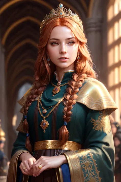 modelshoot style, (extremely detailed CG unity 8k wallpaper), full shot body photo, medieval (female princess:1.33), (russian descent), golden crown, jewelry, (with (braided) auburn hair), 60 year old, medieval architecture, (professional majestic oil painting by Ed Blinkey, Atey Ghailan, Studio Ghibli, by Jeremy Mann, Greg Manchess, Antonio Moro), trending on ArtStation, trending on CGSociety, Intricate, High Detail, Sharp focus, dramatic, photorealistic painting art by midjourney and greg rutkowski, volumetric lighting, good proportions, good anatomy, subsurface scattering, (photorealistic:1.35)