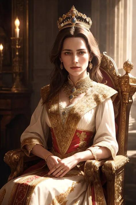 (analog style), (extremely detailed 8k wallpaper), a portrait of a noble lady, the lord of the castle's wife, sitting on a throne with a crown on her head, wearing a flowing dress with intricate embroidery, holding a scepter in her hand, surrounded by her ladies-in-waiting, highly detailed clothing and accessories, intricate decorations on the throne and in the background, dramatic lighting and shadows, 8k resolution, intricate, high detail, dramatic, perfect lighting, perfect shading, volumetric lighting, subsurface scattering, (mature adult:1.37), (photorealistic:1.5)
