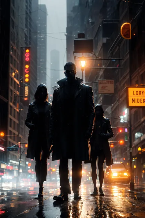A rain-soaked city street, slick with the reflection of neon signs, the only source of light in an otherwise dark and mysterious scene. Long shadows stretch across the pavement as silhouettes of trench-coated figures move through the fog, hinting at secret meetings and hidden agendas, painterly, intricate, detailed, gorgeous, detailed, high quality, volumetric lighting, good highlights, good shading, subsurface scattering, raytracing, reflections, refractions, dramatic, cinematic, good composition, good anatomy, good perspective, good proportions, award winning, masterwork, masterpiece,