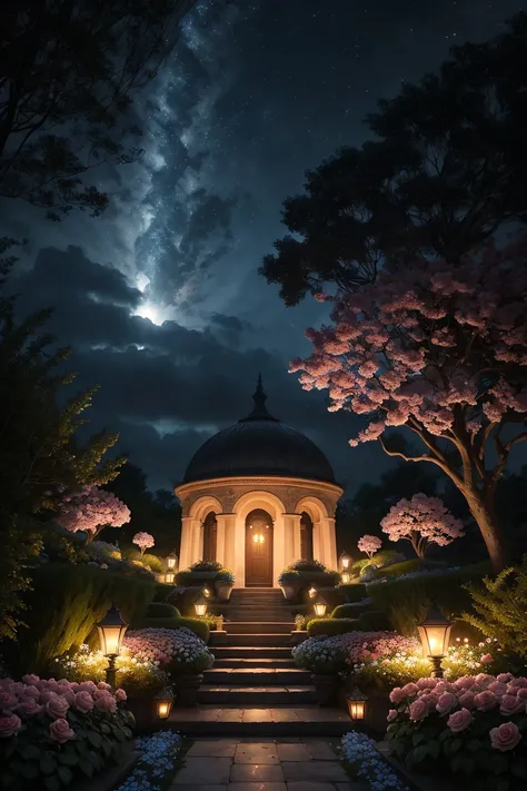 ((secret garden)), (lush), ((floral, rose)), (botanical), romanticism, moody, space, beautiful clouds, stars, nebula:0.1, intricate, award winning, (dramatic), volumetric lighting, (night time), dim lighting, good composition, masterwork, masterpiece, walking path, garden, HDR, 8k, perfect lighting, good shading, award winning, stunning, gorgeous, (nighttime, night), (Photorealistic:1.25)