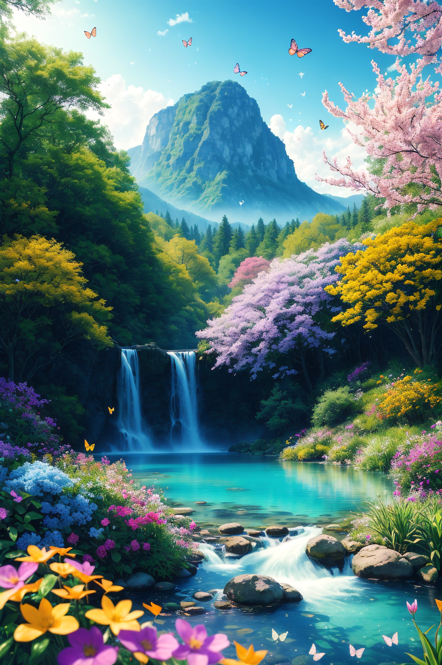A painting of a waterfall surrounded by flowers and trees - SeaArt AI