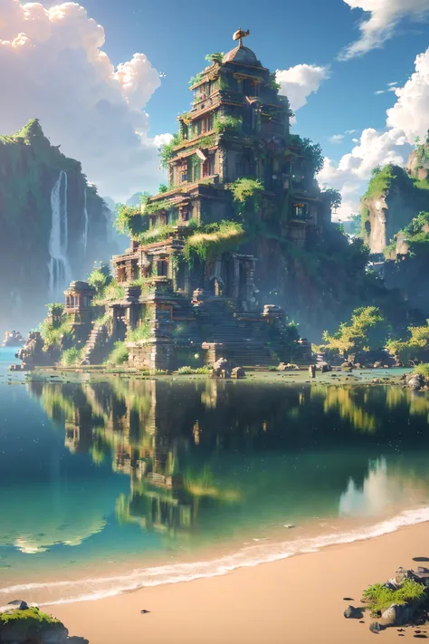 (8k, RAW photo, best quality, masterpiece:1.2), (realistic, photo-realistic:1.37), octane render, ultra high res, ultra-detailed , professional lighting, photon mapping, radiosity, physically-based rendering, ue5, ((island sanctuary)), ((ancient fallen kingdom)), ((reflections in water)), ((raytracing)), ((drowned city))