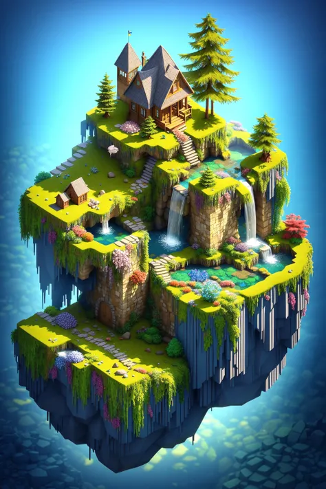 (simple background:1.2), (isometric 3d art of floating rock citadel),  cobblestone, flowers, verdant, stone, moss, fish pool, (waterfall:1.2), cottage