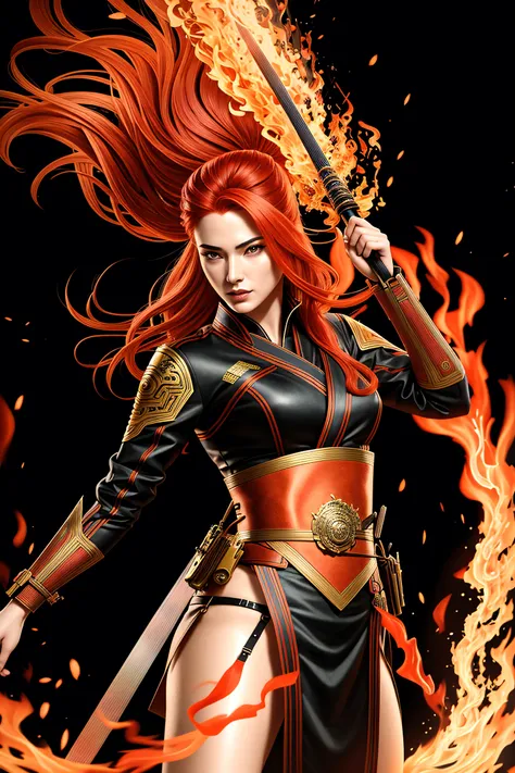 (comic poster), (colored line art:1.5), epic realistic, (full torso), 1girl, floating red_hair, long hair, (swirling fire:1.2), fire, smoke, holding_katana, beautiful orange kimono, detailed fabric texture, ultra detailed, intricate, action pose, cinematic lighting, volumetric light, subsurface scattering, fire dancer, (detailed clothing, detailed clothing texture), black_background, surrealist:0.33, mature adult:1.6, stunning, award winning, masterpiece, tai chi, kata, perfect lighting, perfect shading, (photorealistic:1.35),