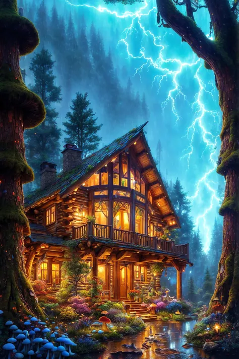 drawn by Adrian Smith, light rain and storming outside of a( window of a beautiful elven cabin) in a magical forest, mushrooms, and creatures, volumetric lightning, colorful, high quality good proportions, good composition, good architecture, award winning, cinematic, masterwork, masterpiece,