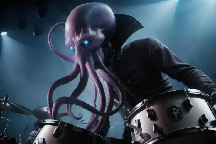 male mindflayer, drummer, (drumsticks), drumsticks in tentacles, rock band, dramatic angle, stage lighting, fog, <lora:mindflayer-14:0.8> mindflayer, tentacles, monster, alien