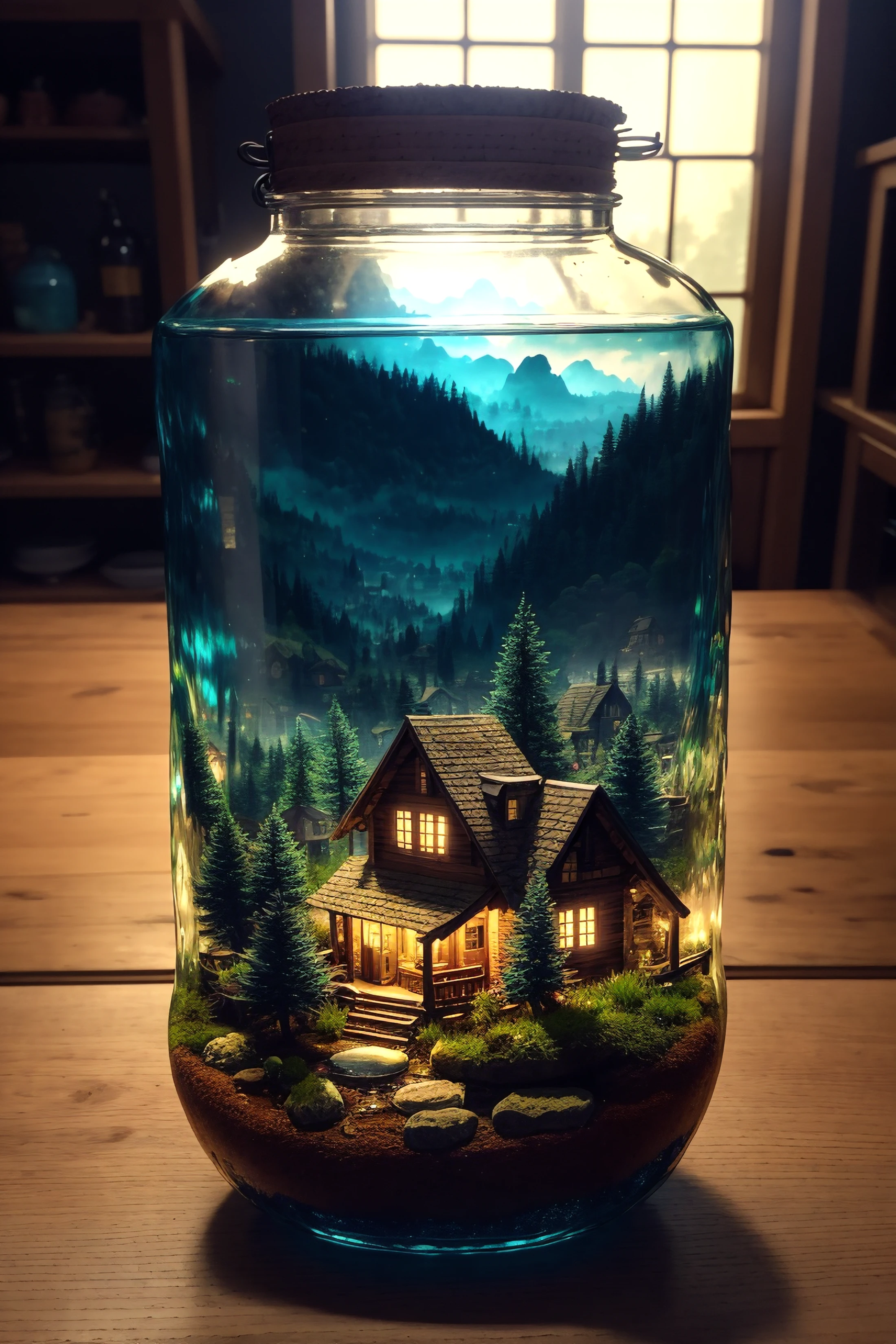 (concept art), (An intricate forest minitown, village, landscape trapped in a bottle), biome, thick glass, weathered, atmospheric oliva lighting, on the table, 4k UHD, dark vibes, hyper detailed, vibrant colours, epic composition, octane render, sharp focus, detailed, intricate, (reflections, refractions, caustics:0.6), (high resolution isometric), 8k, HDR, realistic:1.4, (photorealistic:1.5),