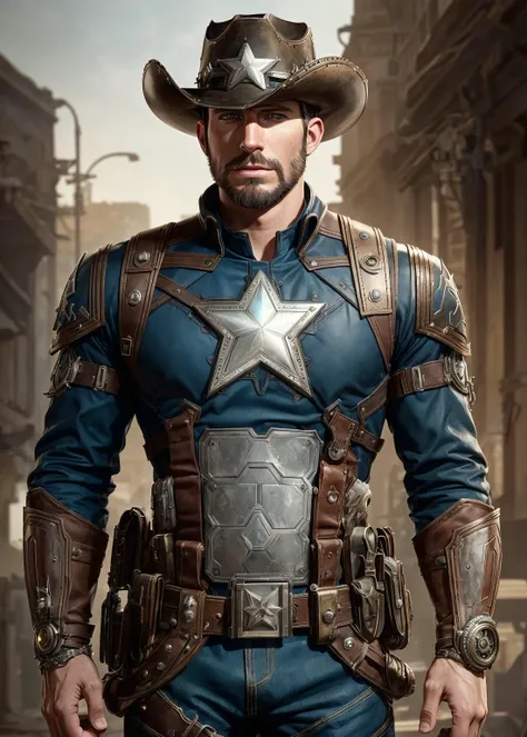 (photorealistic), (dramatic), (fantasy render), concept art, (cowboy shot), (3/4 view:1.2), Captain America steampunk style, (Steve Rogers|Chris Evans), brass, metals, gears, intricate, weathered, realistic, volumetric lighting, simple background, masterpiece, (centered)