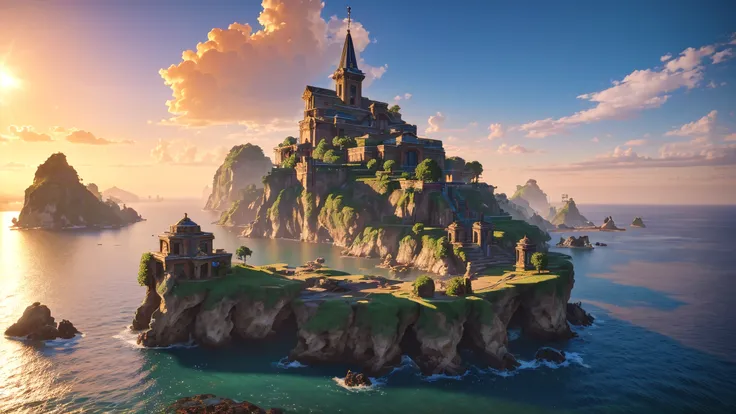 (8k, RAW photo, best quality, masterpiece:1.25), (realistic, photo-realistic:1.45), octane render, ultra high res, ultra-detailed, intricate, professional lighting, photon mapping, radiosity, physically-based rendering, ue5, ((island sanctuary)), ((ancient fallen kingdom)), (reflections in water), ((raytracing)), ((drowned city)), (good architecture), (good composition), (golden hour), (beautiful sky),