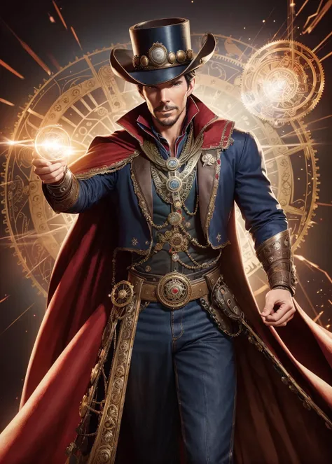 ((cowboy shot)), (3/4 view), Doctor Strange steampunk style, (Steven Strange|Benedict Cumberbatch), brass, metals, gears, volumetric lighting, simple background, masterpiece, centered, wearing top hat, red cape,
