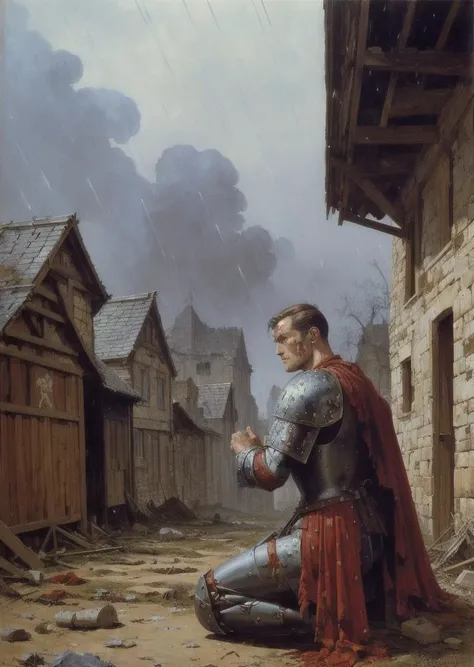 (old painting:1.2), medieval soldier kneeling in the middle of a devasted village, (damaged armor with blood), facial scar, ((raining)), grey sky, retro fantasy, dnd, side view, beautiful face, perfect eyes, by (Clyde Caldwell:1.2), by larry elmore, frank frazetta