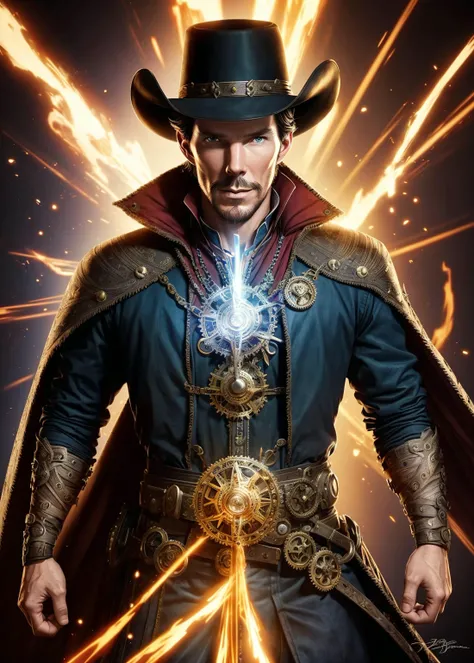 (cowboy shot), (3/4 view), Doctor Strange steampunk style, (Steven Strange|Benedict Cumberbatch), brass, metals, gears, volumetric lighting, simple background, masterpiece, centered