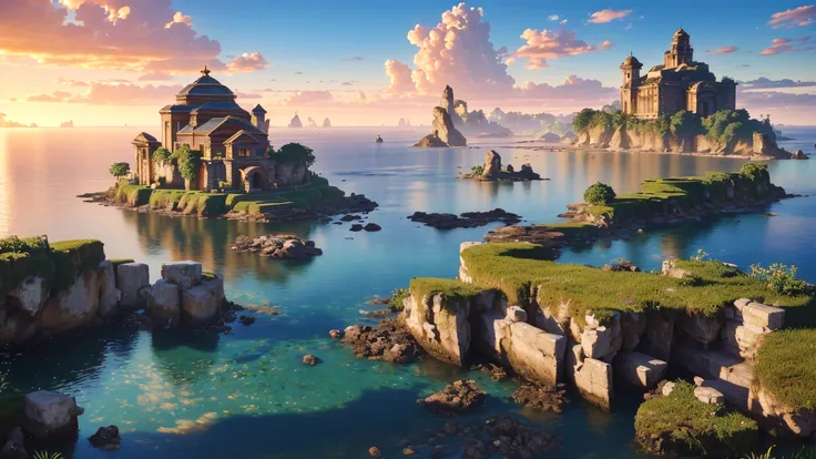 (8k, RAW photo, best quality, masterpiece:1.25), (realistic, photo-realistic:1.45), octane render, ultra high res, ultra-detailed, intricate, professional lighting, photon mapping, radiosity, physically-based rendering, ue5, ((island sanctuary)), ((ancient fallen kingdom)), (reflections in water), ((raytracing)), ((drowned city)), (good architecture), (good composition), (golden hour), (beautiful sky),
