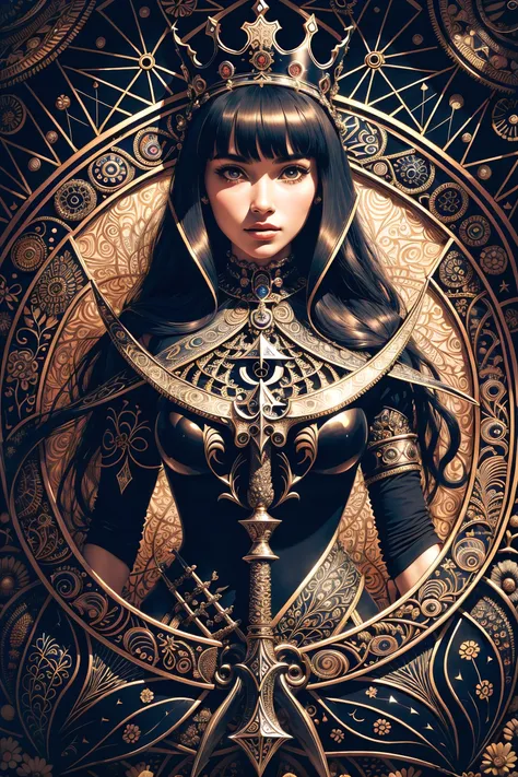 absurdres, highres, ultra detailed, (ultra-detailed background, detailed background), extremely detailed,
1girl, bunch of flowers, (zentangle:1.1), (geometric:1.1), beautiful flowing hair, good anatomy, dramatic, award winning, masterwork, masterpiece, (queen of spades), (regal queen outfit), (full torso), (crown), (spade symbol:1.25),