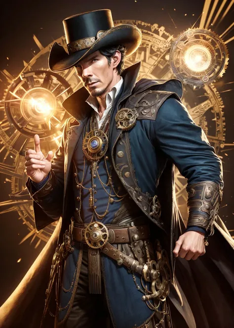 ((cowboy shot)), (3/4 view), Doctor Strange steampunk style, (Steven Strange|Benedict Cumberbatch), brass, metals, gears, volumetric lighting, simple background, masterpiece, centered, wearing top hat,