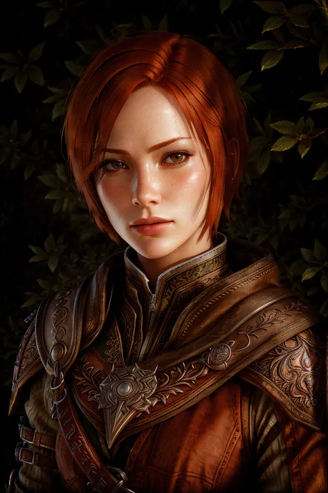 <lora:lelianaDragonAge_lelianadav10:0.67>, masterpiece, highest quality, RAW, analog style, A stunning portrait of a beautiful woman, short red hair, wearing ranger armor, forest background, ((highly detailed skin, skin details)), sharp focus, 8k UHD, DSLR, high quality, film grain, Fujifilm XT3, frowning, intricately detailed, highly detailed, cluttered and detailed background