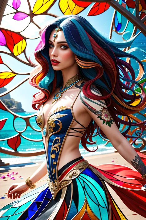 angulo picado, angulo cenital. ((Una mujer diosa de los arcoiris, viste un hermoso sexy vestido abierto con escote y adornos tornasol)), (Pelo color blanco arcoiris lacio y muy largo con brillo magico), con maquillaje que destaca su mirada magica, tocando un arcoiris con la mano derecha atravesando su bello velo, cuerpo esbelto y delicado, senos grandes, tiene el arcoiris y un campo abierto que la iluminan con su luz, paisaje al atardecer. raytraced, viento, paisaje de arcoiris sobre la llanura en el atardecer (aesthetics and atmosphere:1.2), curisosa, apasionada, sonrisa magica, feliz, ojos brillantes tornasol,plano amplio, cuerpo completo. (foto cruda, mejor calidad), (realista, photo-realista:1.3), Obra maestra, un extremadamente perfecto y hermoso cuerpo, cuerpo palido extremadamente detallado, Best quality score, close up, high view, arcoiris magico and field atmosphere, rainbow hair. Pelo color arcoiris lacio y muy largo con brillo magico, Pelo color arcoiris lacio y muy largo con brillo magico, Pelo color arcoiris lacio y muy largo con brillo magico, Pelo color arcoiris lacio y muy largo con brillo magico
