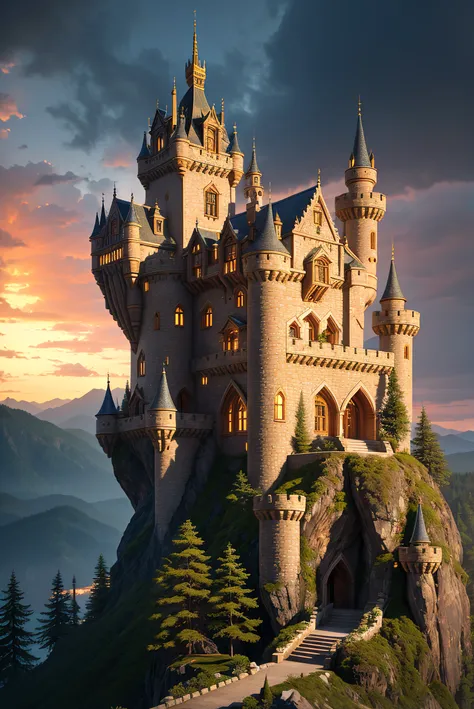 A realistic forbidden fairytale castle high up in the mountains with a single road curving to the front gate, pixel art, (intricate details:1.2), hdr, (intricate details, hyperdetailed:1.2), (hyperrealism, soft light, sharp:1.2), (photorealistic:1.5), ((oil painting)), realistic materials, realistic textures, 3d rendering, unreal engine, blender, artstation, game art, key visual, surreal, volumetric lighting, good architecture, good composition, after a storm, cinematic, perfect lighting, beautiful sky, 8K, wallpaper,