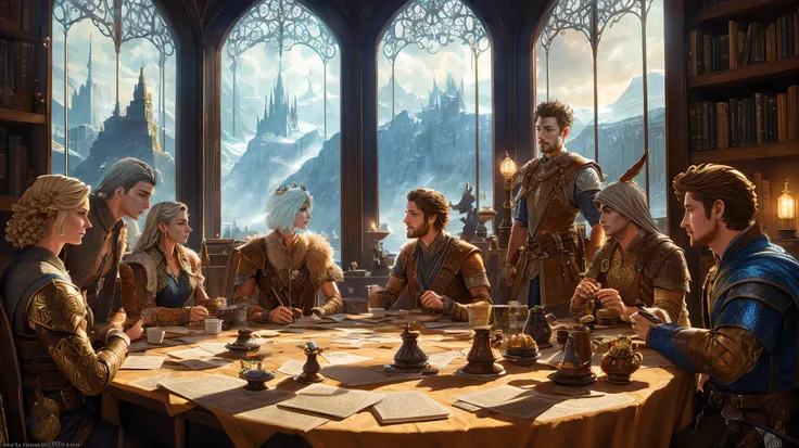 (long black hair:1.8),(concept art), (fantasy oil painting), subdued image that emphasizes the roleplaying aspect of the book, featuring a group of friends (male & female) (dressed in various styles of outfits:1.1) gathered around a table, engrossed in a game. The scene could be rendered in a dreamlike, almost surreal style, with ((the players' imaginations coming to life outside the windows in the form of fantastical creatures and landscapes)). The cover could feature the players' characters in various poses, as well as the game master and any important NPCs. (on the table: dice, miniature castle, books, cups), good composition, good design, good architecture, good proportions, good anatomy, volumetric lighting, intricate, detailed, award winning, masterpiece, wide angle:0.88, (complimentary colors)