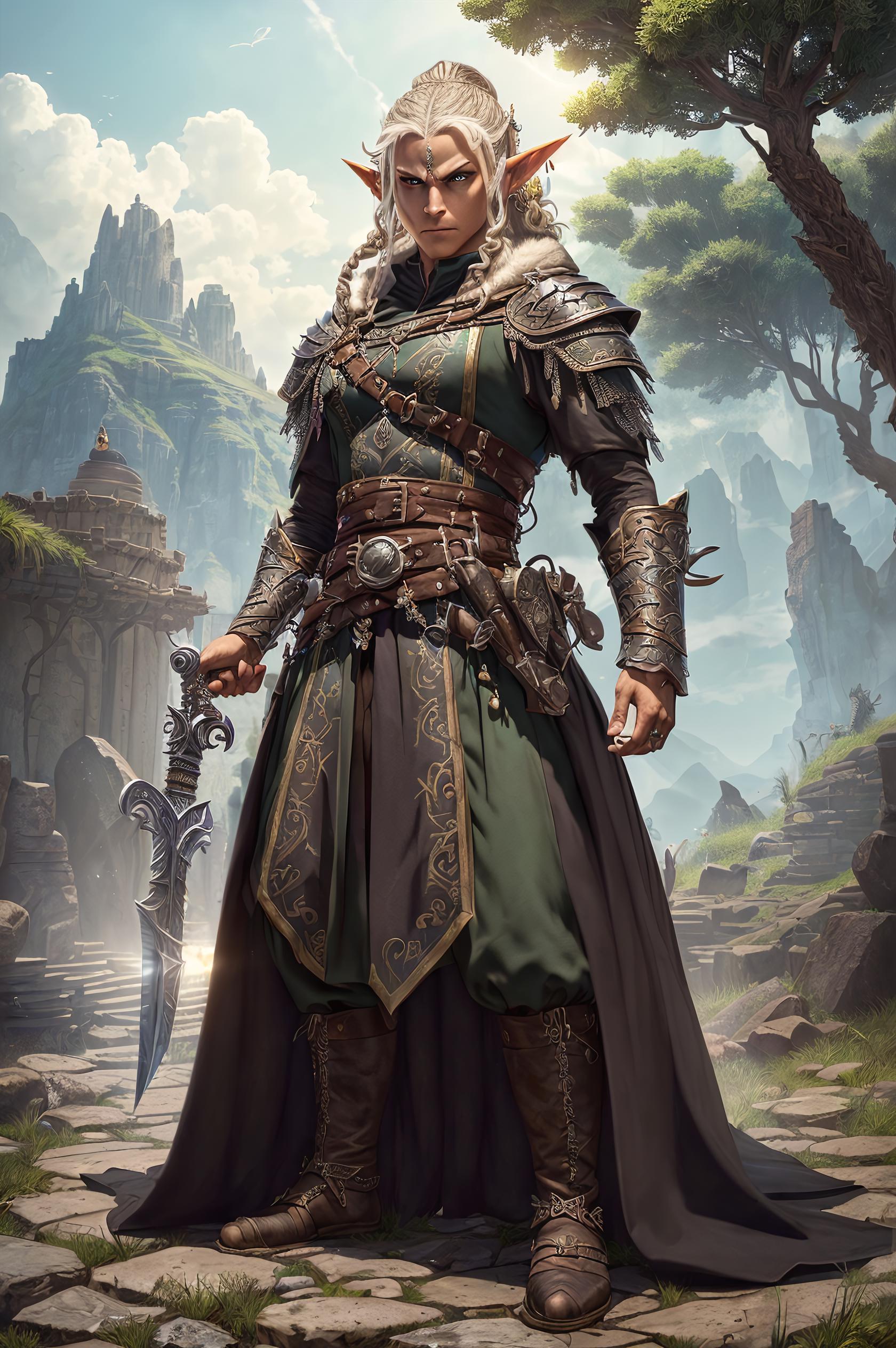 A man in armor standing on a path with a sword - SeaArt AI