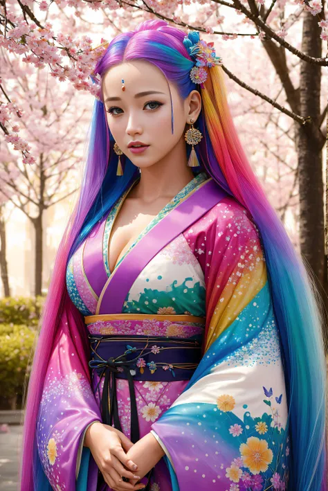 (photorealistic:1.3), (concept art), (full torso), shukezouma, octane render, hdr, (hyperdetailed:1.15), (soft light, sharp:1.2), 1girl, beautiful girl, ultra detailed eyes, mature:0.75, plump, thick, cleavage, rainbow painting drops, paint teardrops, woman made up from paint, entirely paint, splat, splash, beautiful long colored hair, (kimono made from paint), (ultra detailed texture kimono), rainbow paint kimono, paint bulb, paint drops, (hair ornaments, earrings, flowers hair ornaments), outdoors, (sakura trees), butterflies:0.275, (muted colors:0.35), volumetric light, good composition, good design, award winning, masterwork, masterpiece,