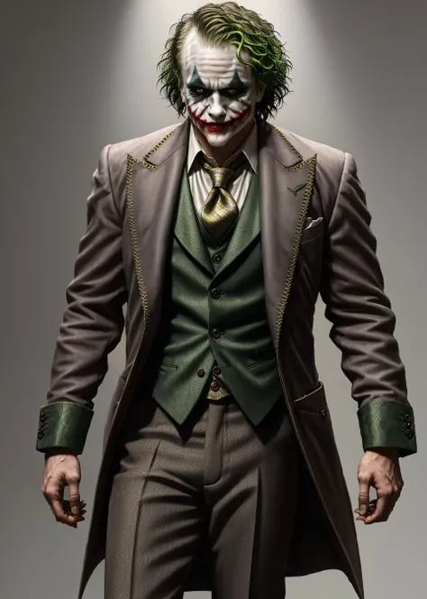 A Joker, <lora:joker_v10:0.75> ,epic, (realistic:1.3), faded, neutral colors:0.15, (concept art), ((((hdr)))), ((muted colors)), intricate scene, artstation, hyperdetailed, cinematic shot, warm lights, dramatic light, intricate details, vignette, complex background, [[purple trench coat, green vest]], geometric pattern tie, slate atmosphere, (looking at viewer), (smirk|smug), contrapposto, volumetric light, dramatic, good proportions, good anatomy, award winning, masterwork, masterpiece,