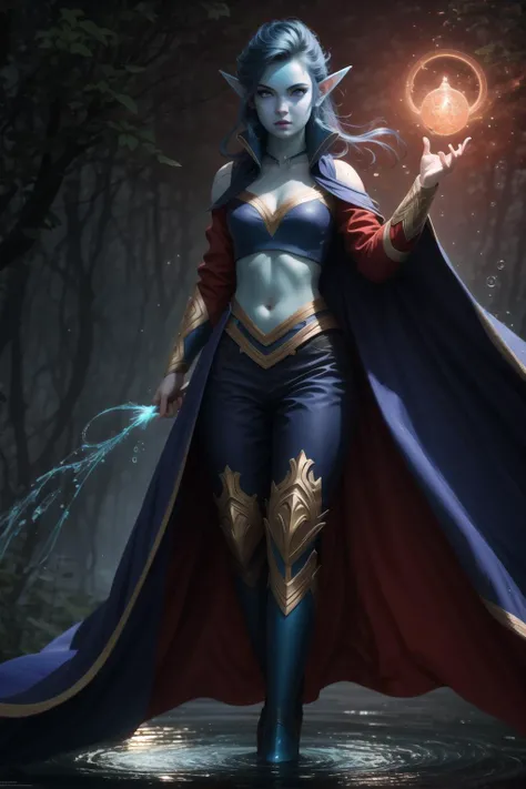 DunaNichs, 1girl, solo, pointy ears, colored skin, blue skin, casting water magic, full body, beautiful eyes, ornately detailed, (cropped), she is hiding, (8K Unity wallpaper), fine details, award-winning image, highly detailed, 16k <lora:dunaNichsFossil_v1:0.9>