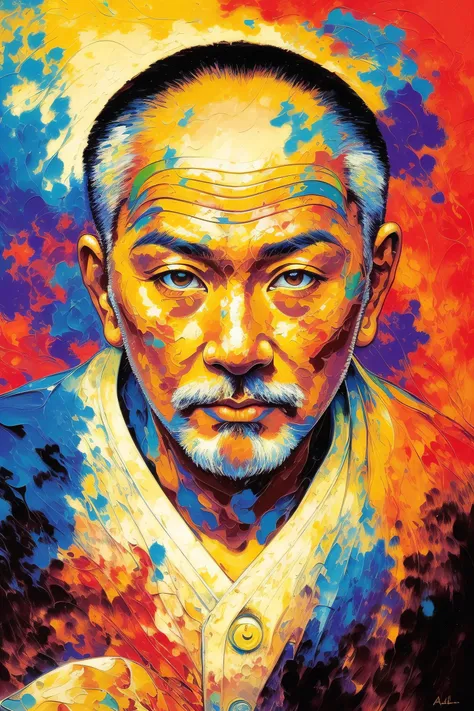 [close up of an old asian man's face:abstract background:0.5], extremely detailed face and eyes, explosive pose, expressionism, digital art, colorful background, absurdist, highly detailed, (brush strokes:1.1), (acrylic paint:1.1), pointillism, muted colors, by satoshi kon, by alphonse mucha, by raphael