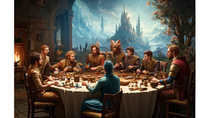 subdued image that emphasizes the roleplaying aspect of the book, featuring a group of friends gathered around a table, engrossed in a game. The scene could be rendered in a dreamlike, almost surreal style, with the players' imaginations coming to life in the form of fantastical creatures and landscapes. The cover could feature the players' characters in various poses, as well as the game master and any important NPCs.