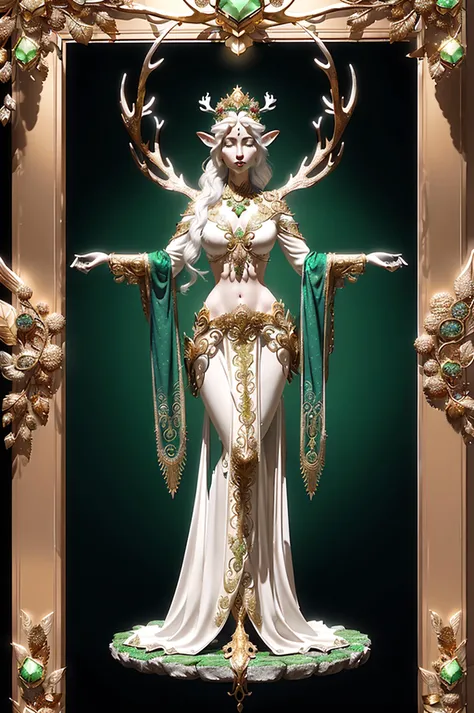 (concept art), (realistic:1.33), In the heart of an (enchanted forest), an (elven empress) adorned with (intricate gold and emerald green jewelry), stands gracefully upon a (magnificent stone platform), a majestic (white stag) bows before her, forest background with (swirling golden leaves of autumn), (soothing melodies) of a (mystical woodland choir), (antlers), (high quality, intricate, highly detailed, good anatomy, good proportions, good composition, subsurface scattering, volumetric light, good highlights, good shading, award winning, masterwork, masterpiece:1.33),