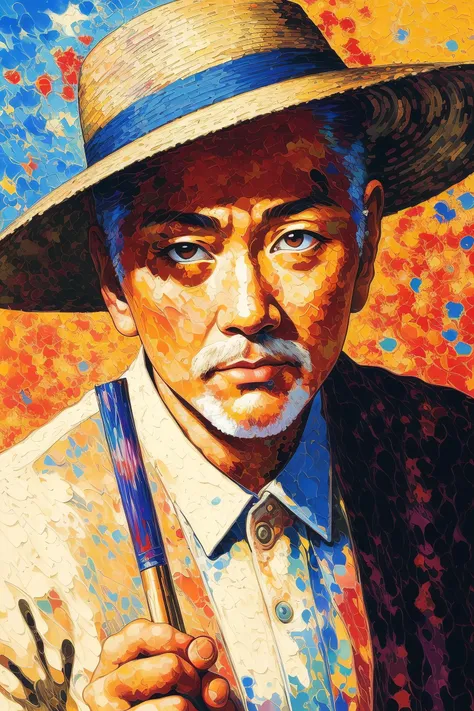 [close up of an old asian man's face:abstract background:0.5], extremely detailed face and eyes, explosive pose, expressionism, digital art, colorful background, absurdist, highly detailed, (brush strokes:1.1), (acrylic paint:1.1), pointillism, muted colors, by satoshi kon, by alphonse mucha, by raphael