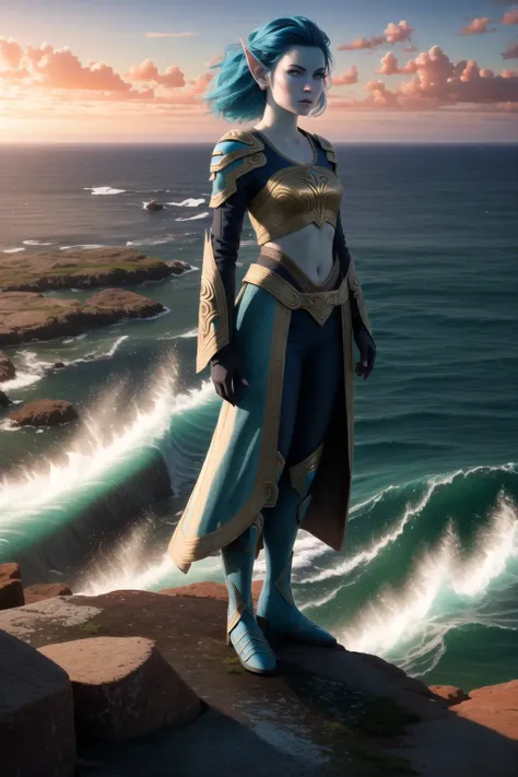 DunaNichs, 1girl, solo, pointy ears, colored skin, blue skin, casting water magic, full body, beautiful eyes, ornately detailed, (cropped), she is standing on the edge of a cliff as she commands the waves of the sea below, (8K Unity wallpaper), fine details, award-winning image, highly detailed, 16k <lora:dunaNichsFossil_v1:0.9>