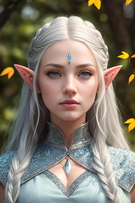 (detailed face, detailed eyes, clear skin, clear eyes), (photorealistic:1.35), (lotr, fantasy, elf, female), full body, (beautiful long white hair), small braids down sides of head, (elegant pale blue elven dress, embroidered details), (silver leaf circlet), (jewelry), ethereal, looking at viewer, portrait, photography, detailed skin, realistic, 8k, highly detailed, full length frame, High detail RAW color art, piercing, (diffused soft lighting), shallow depth of field, ((sharp focus)), (hyperrealism), (subsurface scattering), detailed skin texture, cinematic lighting, award winning, good anatomy, good proportions, good compositions, masterwork, masterpiece, (stunning, gorgeous, breathtaking), small breasts, falling leaves,