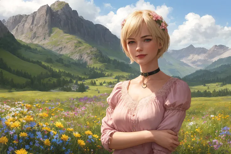 (realistic,painting_style,)mature, 1girl, solo, amelia watson, virtual youtuber,blonde hair, blue eyes, choker, flower, short hair, realistic eyes, head tilt, smug, looking_at_viewer, sky, mountain, outdoors, cloud, bangs, upper body, pink flower, collarbone, orange shirt, parted lips, lips, lace trim, smile, black choker, mountainous horizon, cloudy sky, standing, holding_flowers
