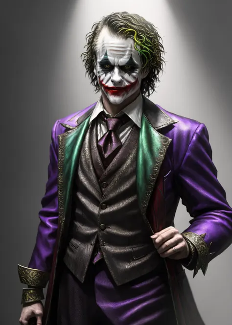 A Joker, <lora:joker_v10:0.75> ,epic, (realistic:1.35), (concept art), (((hdr))), (muted colors:0.3), intricate scene, artstation, hyperdetailed, cinematic shot, warm lights, dramatic light, intricate details, vignette, complex background, [[royal purple trench coat, green vest]], geometric pattern tie, leather gloves, slate atmosphere, ((looking at viewer)), (smirk|smug), contrapposto, volumetric light, dramatic, good proportions, good anatomy, award winning, masterwork, masterpiece,