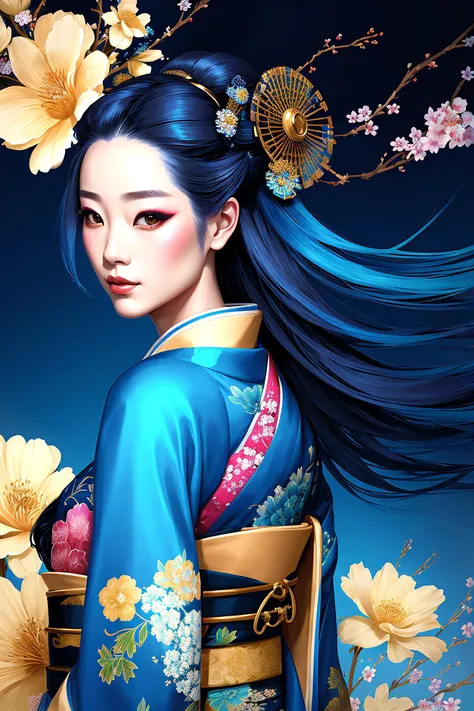 girl with blue kimono geisha long hair intricate, elegant, highly detailed, digital painting, splash art