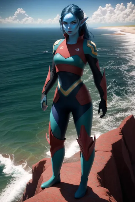 DunaNichs, 1girl, solo, pointy ears, colored skin, blue skin, casting water magic, full body, beautiful eyes, ornately detailed, (cropped), she is standing on the edge of a cliff as she commands the waves of the sea below, (8K Unity wallpaper), fine details, award-winning image, highly detailed, 16k <lora:dunaNichsFossil_v1:0.9>