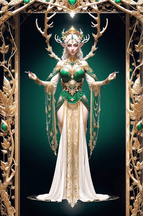 (concept art), (realistic:1.33), In the heart of an (enchanted forest), an (elven empress) adorned with (intricate gold and emerald green jewelry), stands gracefully upon a (magnificent stone platform), a majestic (white stag) bows before her, forest background with (swirling golden leaves of autumn), (soothing melodies) of a (mystical woodland choir), (antlers on head), (high quality, intricate, highly detailed, good anatomy, good proportions, good composition, subsurface scattering, volumetric light, good highlights, good shading, award winning, masterwork, masterpiece:1.33),