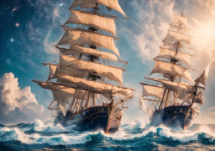 Professional photo of a ((solo)) pirate tall ship on high sea, full sails, (Huge waves), Milky Way:0.2, Highly detailed, complex background, dramatic, cinematic, perfect lighting, lens flares, shadows, intricate details, golden hour, film grains, masterpiece, highest quality,