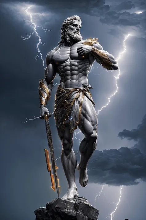 a statue of zeus, dynamic pose, standing on a rock:0.3, (with lightning in the background:1.4), (3/4 view), Clint Cearley, arnold render, a marble sculpture, (cinematic:1.4), slate gray atmosphere, hyperdetailed, soothing tones, insane details, low contrast, (((full body))), (centered), stormy sky, epic sky, volumetric lighting,