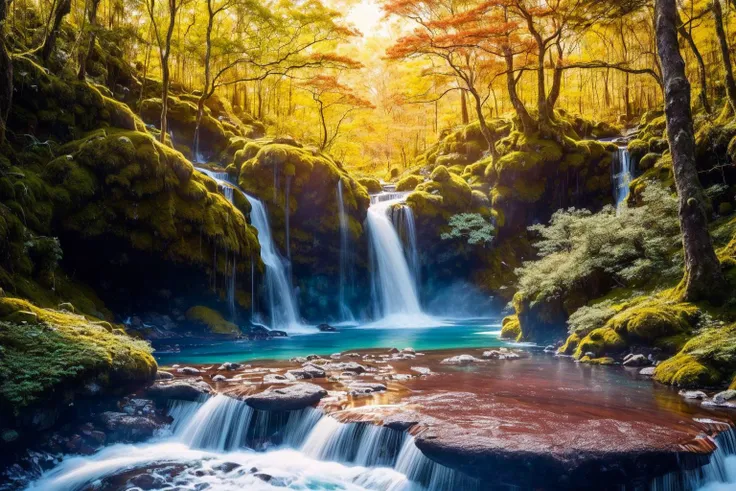 masterpiece, epic, majestic, best quality, very high resolution, 8k, hdr, digital photography, dynamic pose, realistic, photorealistic, dynamic Medium Wide Shot, (a group of Rohirrim explorer), (a mangy mutant stubby Cotton Candy Pink and Moss Puff Adder:1.0), The Waterfall Forest: A forest that surrounds a majestic waterfall, with crystal-clear water cascading down into a pool below. The trees are straight, with leaves that sparkle in the sunlight. The forest is home to all manner of aquatic creatures, including mermaids and selkies., iridescent, transparent, translucid, (reflection:0.5), (refraction:0.5), (diffraction:0.6), (caustics:0.6), volumetric lights, volumetric shadows, (subsurface scatering:0.7), physically based rendering, (extremely detailed:1.2), (extremely fine and beautiful:1.2), partially backlit, (sunrise lighting and nearby supplemental lighting from out of frame:1.2), (realistic lighting:1.4), (dynamic colors from lighting:1.4), secondary lights coming from the side or the front of the subject, (intricate details:1.3), hyperdetailed, ultrarealistic, (sharp focus:1.2), sfw