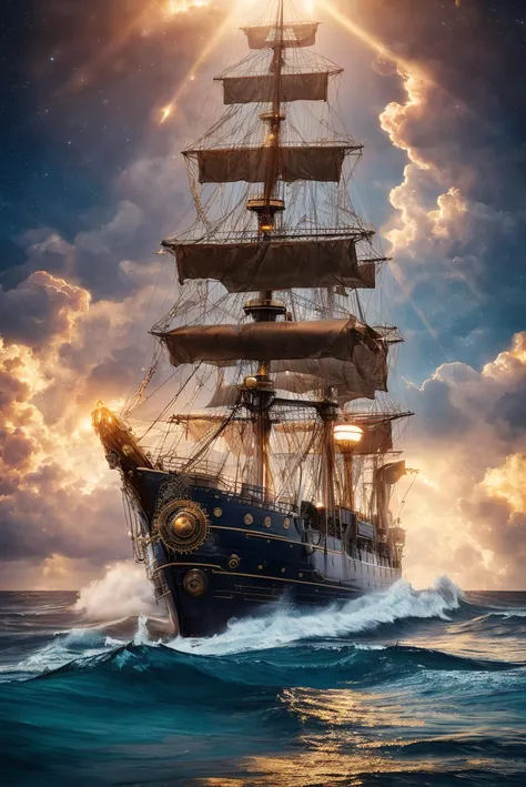 Professional photo of a steampunk ship on high sea. Huge waves, Milky Way. Highly detailed, complex background, perfect lighting, lens flares, shadows, intricate details, golden hour, film grains, masterpiece, highest quality.