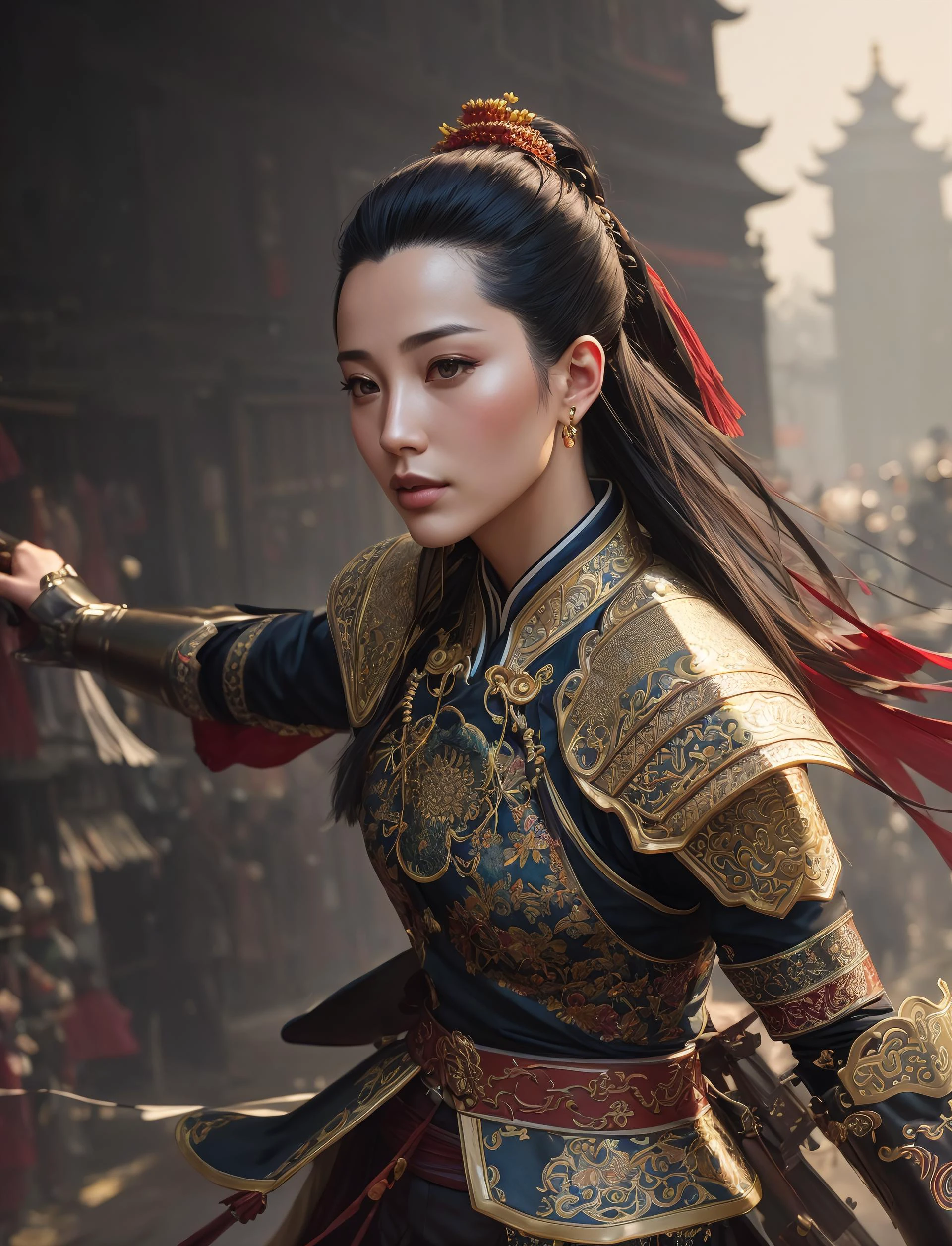 modelshoot style, (extremely detailed CG unity 8k wallpaper), full shot body photo of the most beautiful artwork in the world, , Atey Ghailan, Studio Ghibli, by Jeremy Mann, Greg Manchess, trending on ArtStation, trending on CGSociety, Intricate, High Detail, Sharp focus, dramatic, zskuijia, (detailed Chinese armor), wing chun pose,