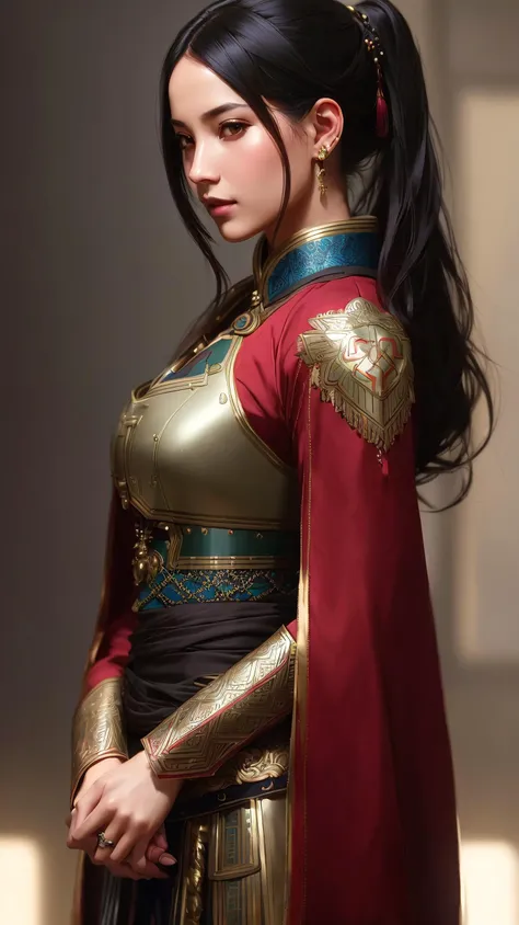 modelshoot style, (extremely detailed CG unity 8k wallpaper), full shot body photo of the most beautiful artwork in the world, , Atey Ghailan, Studio Ghibli, by Jeremy Mann, Greg Manchess, trending on ArtStation, trending on CGSociety, Intricate, High Detail, Sharp focus, dramatic, zskuijia,Chinese armor<lora:ZSkuijia-250:0.8>