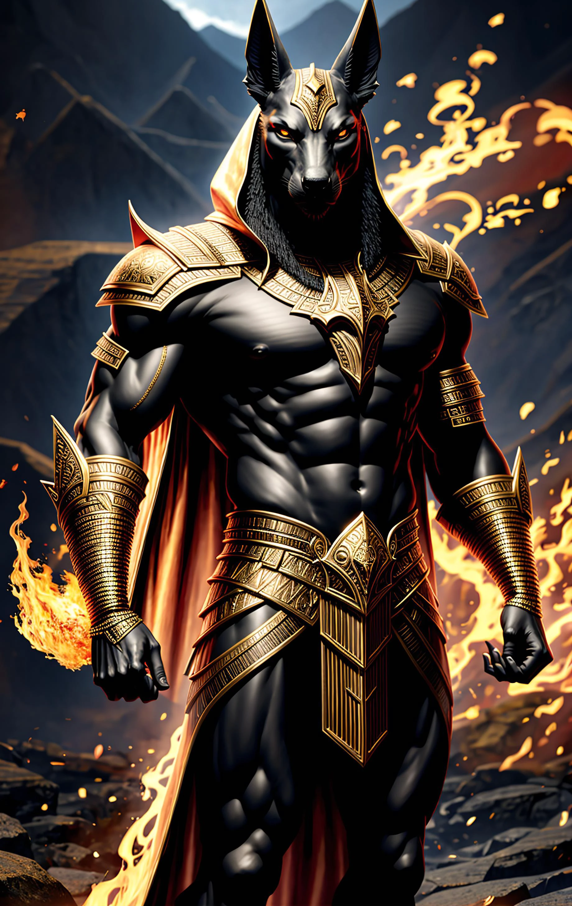 (high quality), photorealistic, (oil painting)
jewelry, (solo),
(dynamic pose), towards right, ((hell gate)), fire, hell landscape, (the underworld), (dark landscape),
anubis, egyptian jackal headed god, anthro, muscular, (holding golden scales), dynamic pose, cinematic, (dramatic camera angle), golden armor:0.2, black & gold cape, (good anatomy), (good proportions), award winning, masterpiece, centered, <lora:fantasyCharacter_anubisV10:0.33>
