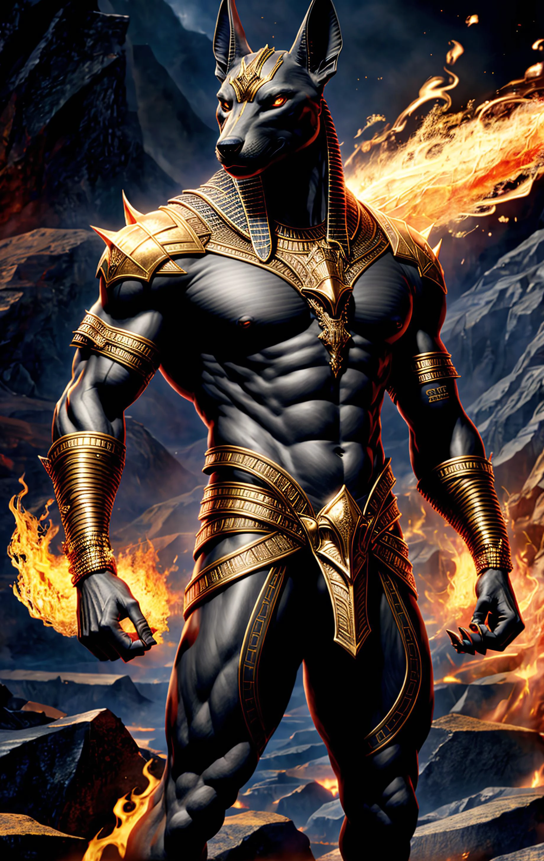 (high quality), photorealistic,
jewelry, (solo),
(dynamic pose), towards right, ((hell gate)), fire, hell landscape, (the underworld), (dark landscape),
anubis, egyptian jackal headed god, anthro, muscular, (holding golden scales), dynamic pose, cinematic, dramatic camera angle, (good anatomy), (good proportions), award winning, masterpiece, centered, <lora:fantasyCharacter_anubisV10:0.5>