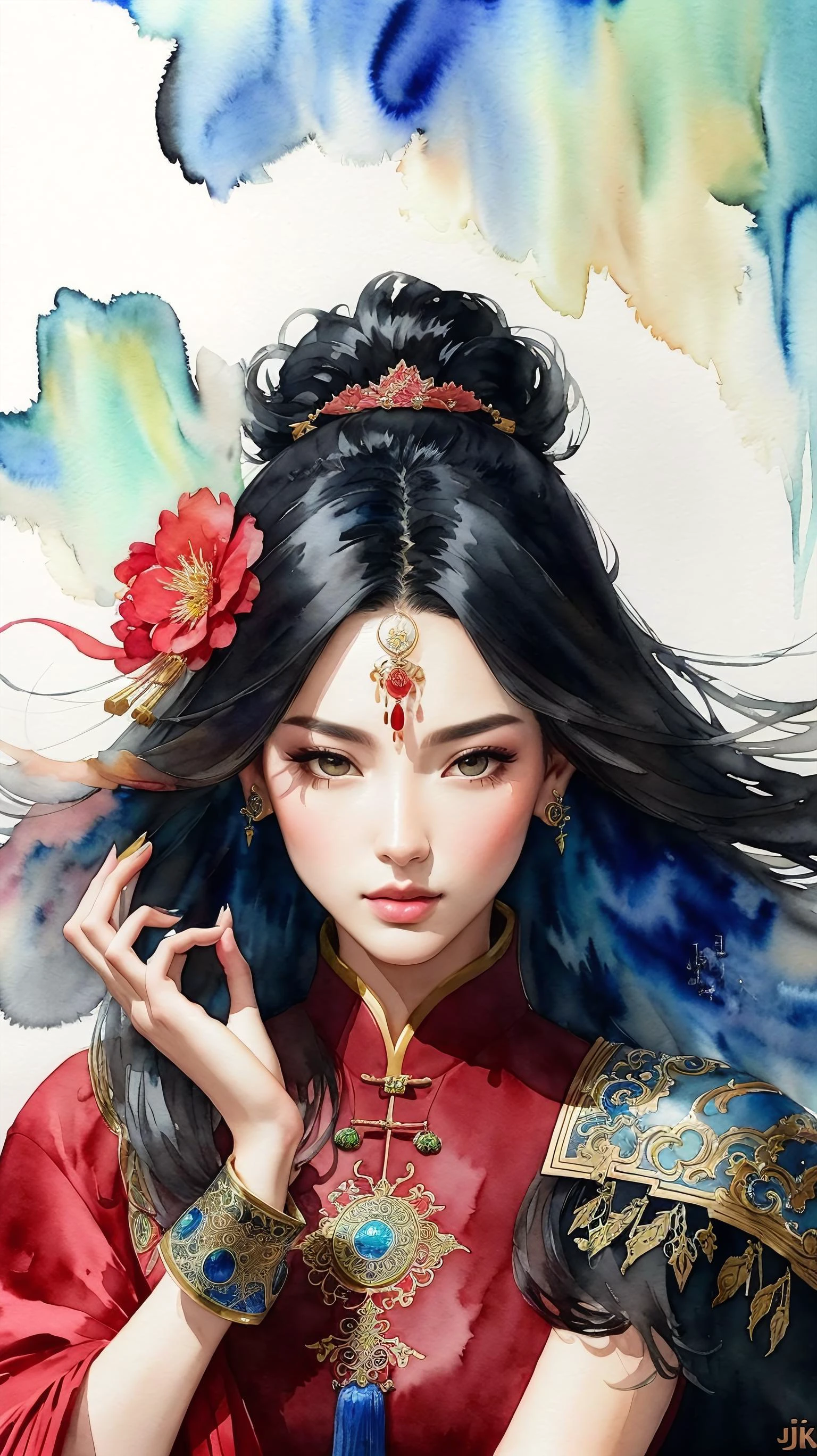 modelshoot style, (extremely detailed CG unity 8k wallpaper), full shot body photo of the most beautiful artwork in the world, Atey Ghailan, Studio Ghibli, by Jeremy Mann, Greg Manchess, trending on ArtStation, trending on CGSociety, Intricate, High Detail, Sharp focus, dramatic, elegant, volumetric lighting, subsurface scattering, realistic skin texture, gorgeous hair, good highlights, good proportions, good anatomy, award winning, masterpiece, (detailed Chinese armor), (best quality:1.5), (watercolor painting :1.4), (empty hands:1.15), <lora:Moxin_10:0.15>
