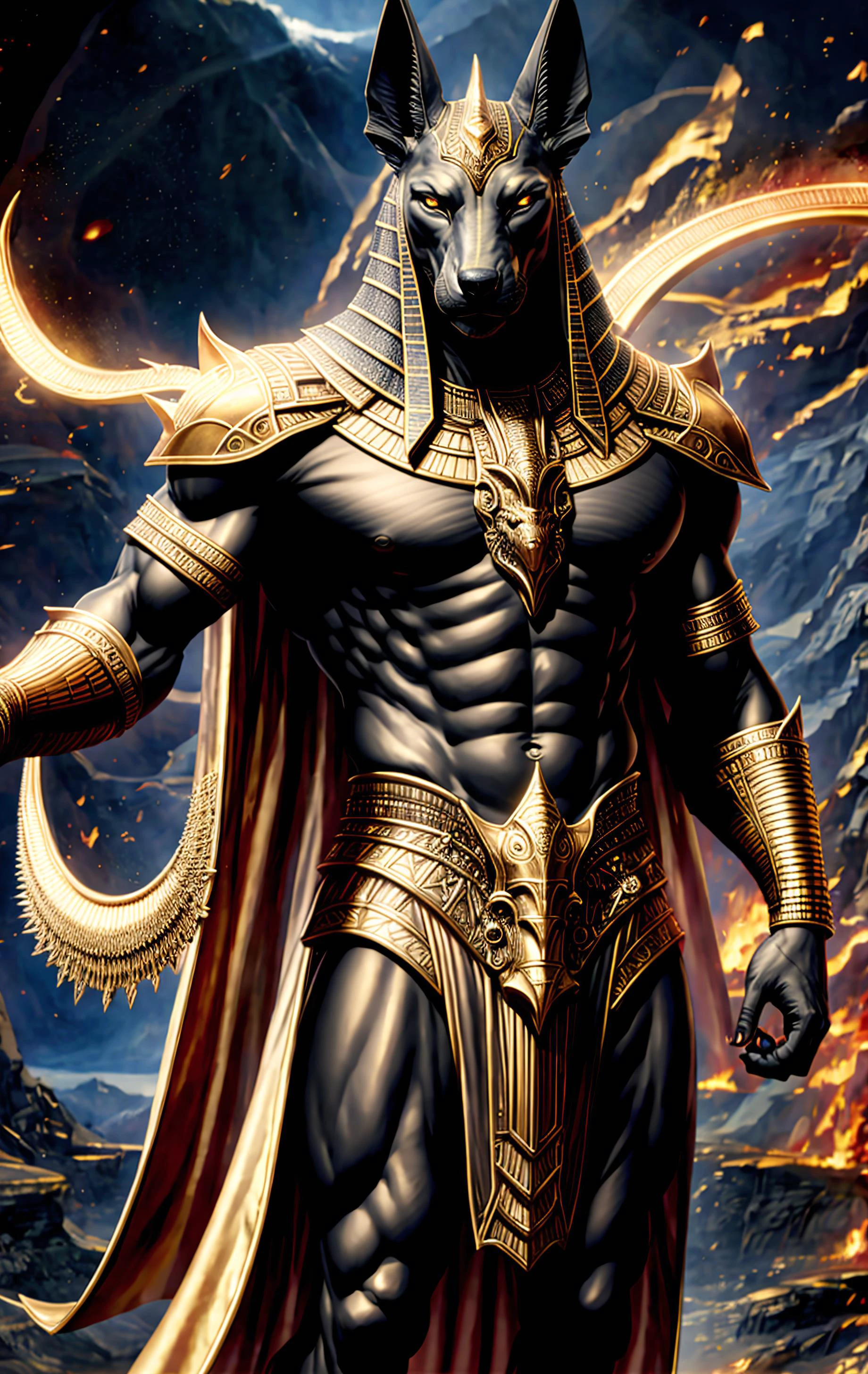 (high quality), photorealistic, (oil painting)
jewelry, (solo),
(dynamic pose), towards right, ((hell gate)), fire, hell landscape, (the underworld), (dark landscape),
anubis, egyptian jackal headed god, anthro, muscular, (holding golden scales), dynamic pose, cinematic, dramatic camera angle, golden armor:0.25, black & gold cape, (good anatomy), (good proportions), award winning, masterpiece, centered, <lora:fantasyCharacter_anubisV10:0.5>