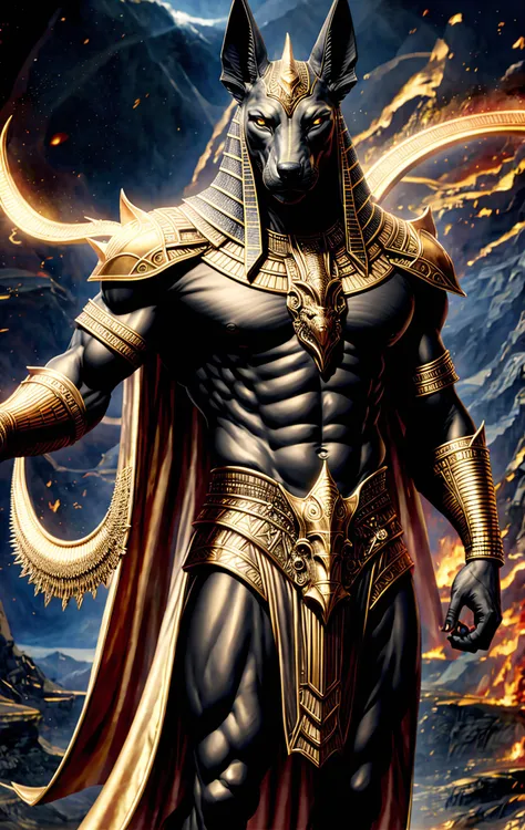 (high quality), photorealistic, (oil painting)
jewelry, (solo),
(dynamic pose), towards right, ((hell gate)), fire, hell landscape, (the underworld), (dark landscape),
anubis, egyptian jackal headed god, anthro, muscular, (holding golden scales), dynamic pose, cinematic, dramatic camera angle, golden armor:0.25, black & gold cape, (good anatomy), (good proportions), award winning, masterpiece, centered, <lora:fantasyCharacter_anubisV10:0.5>